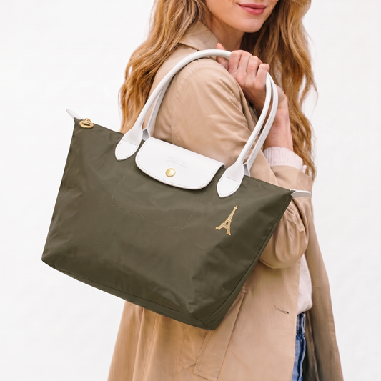 L.O-N.G-C.H.A-M.P TOTE BAG GREEN(Olive)&WHITE FOR WOMEN