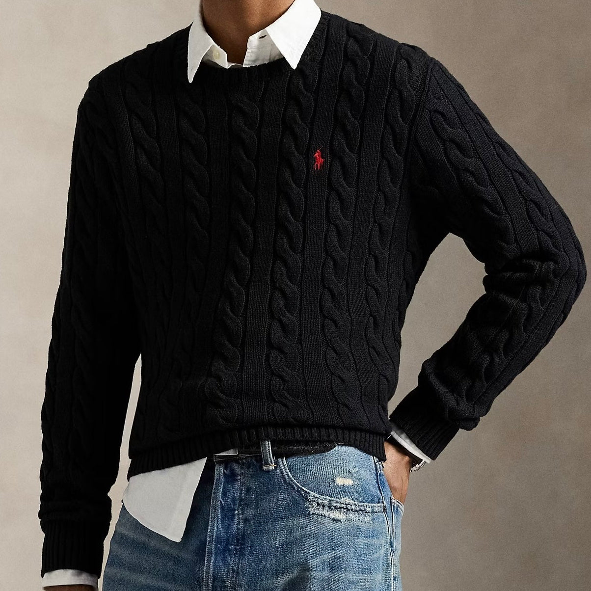 P.o-L.O R.A-L.P.H L.A.U-R.E.N Cable-Knit Cotton Jumper Black Custom Slim Fit