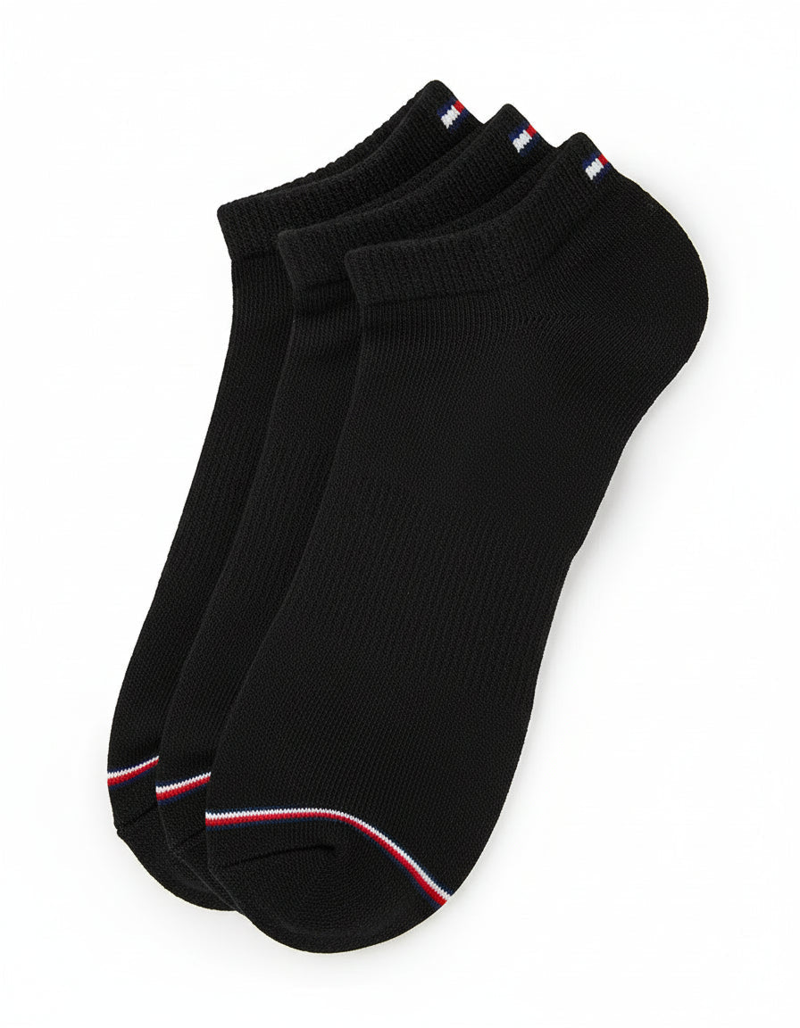 T.o.m.m.y H.i.l.f.i.g.e.r Cotton Cushion Quarter Cut Socks Pack of 3 Black With T.o.m.m.y H.i.l.f.i.g.e.r Lettering