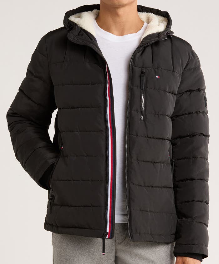 T.o.m.m.y H.i.l.f.i.g.e.r Men's Black Quilted Puffer Sherpa Hood Lined Jacket