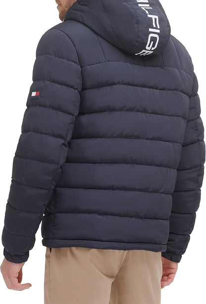 T.O.m-M.y H.I.L.F.I.G.E.R Midweight Sherpa Lined Hooded Water Resistant Puffer Jacket, T.o.m.m.y Flag Combo Tech Navy Flag Combo
