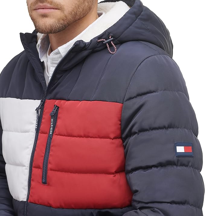 T.O.m-M.y H.I.L.F.I.G.E.R Midweight Sherpa Lined Hooded Water Resistant Puffer Jacket, T.o.m.m.y Flag Combo Tech Navy Flag Combo
