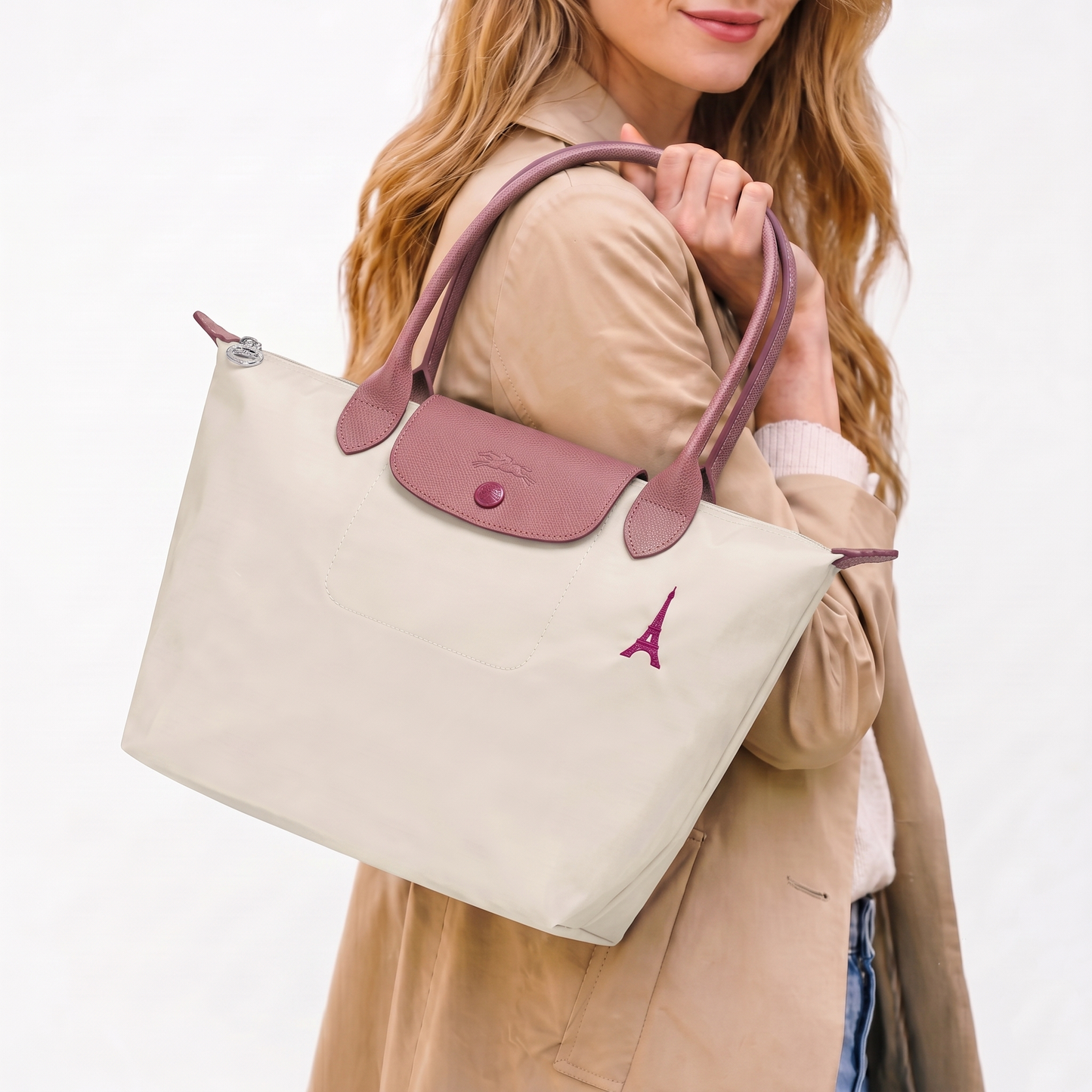 L.O-N.G-C.H.A-M.P TOTE BAG BEIGE&PINK FOR WOMEN