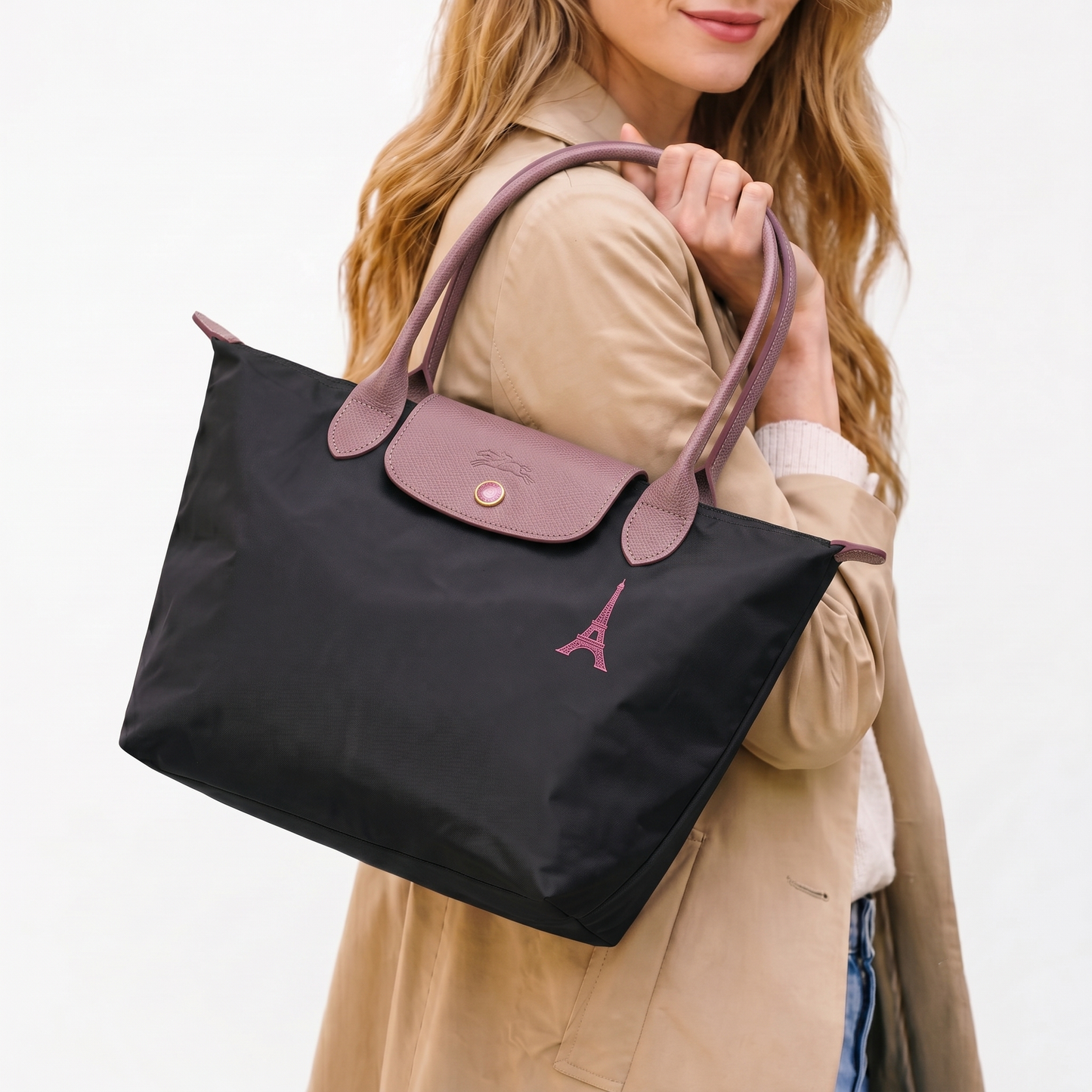 L.O-N.G-C.H.A-M.P TOTE BAG BLACK&PINK FOR WOMEN