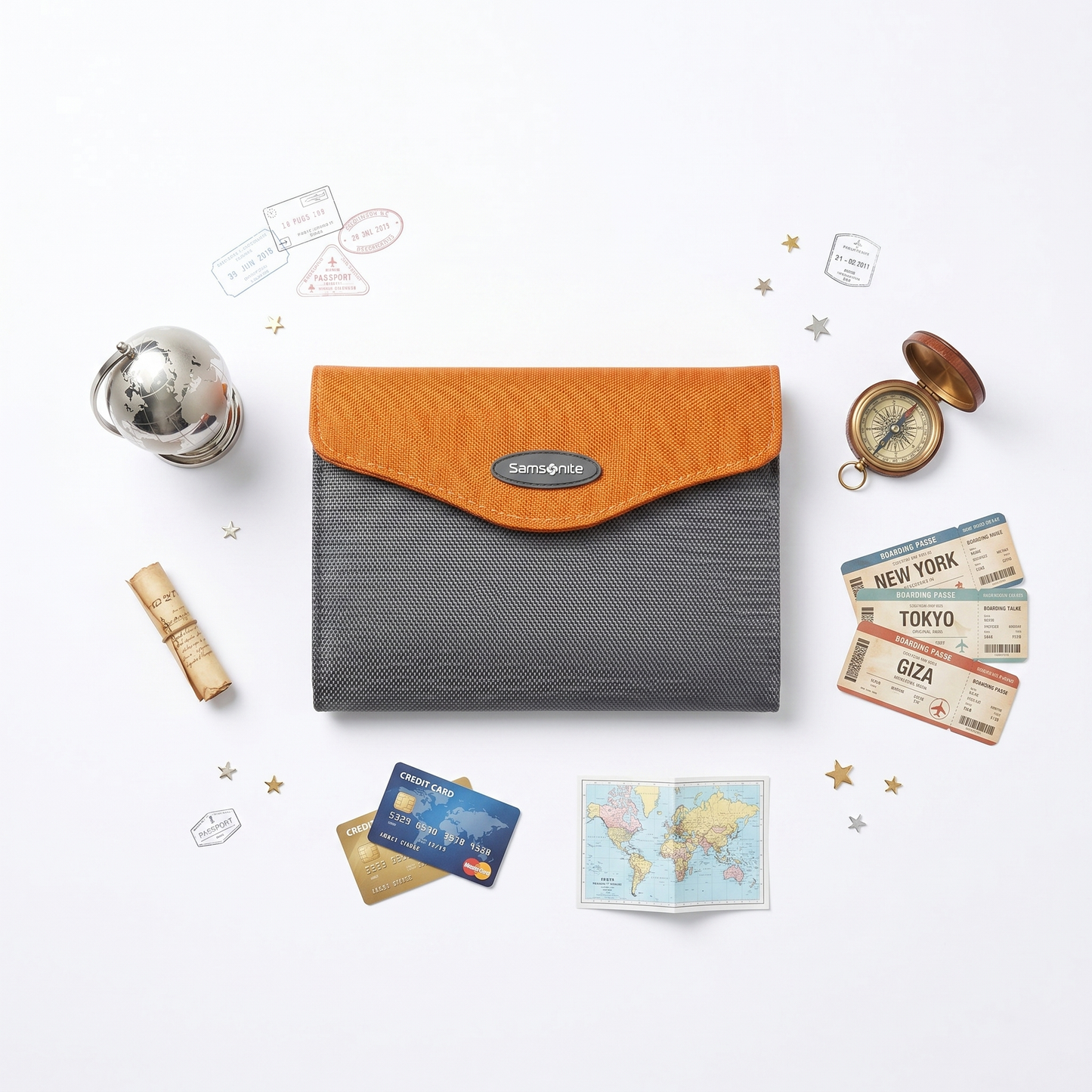 S-A-M-S-O-N-I-T-E WALLET Neck Passport Holder GREY&ORANGE