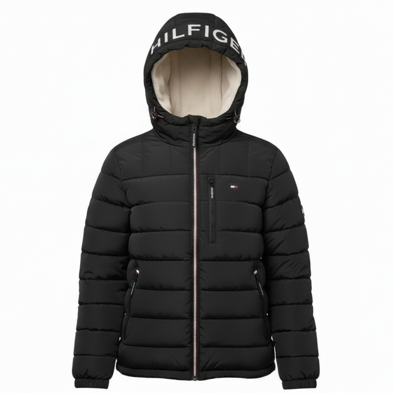 T.o.m.m.y H.i.l.f.i.g.e.r Men's Black Quilted Puffer Sherpa Hood Lined Jacket