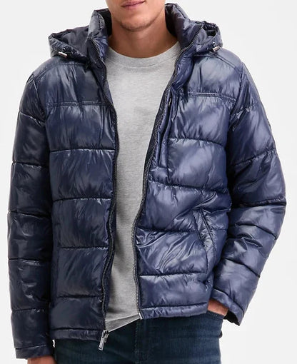 Michael Kors, a puffer jacket polished with shiny fabric.