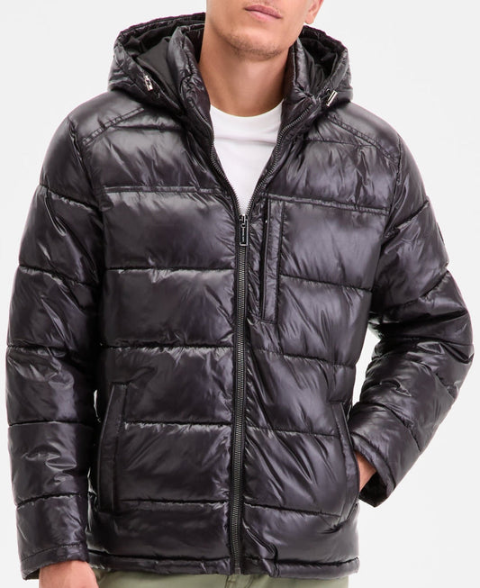 Michael Kors, a puffer jacket polished with shiny fabric.