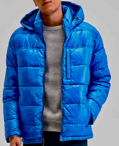 Michael Kors, a puffer jacket polished with shiny fabric.